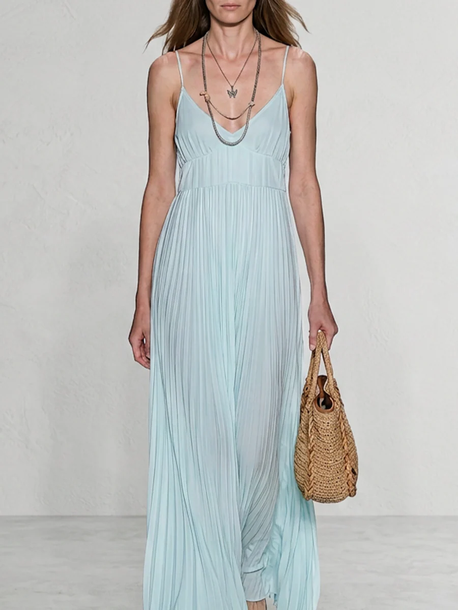 Resort Sleeveless Accordion Pleated A-Line Beach Maxi Dress - Image 2