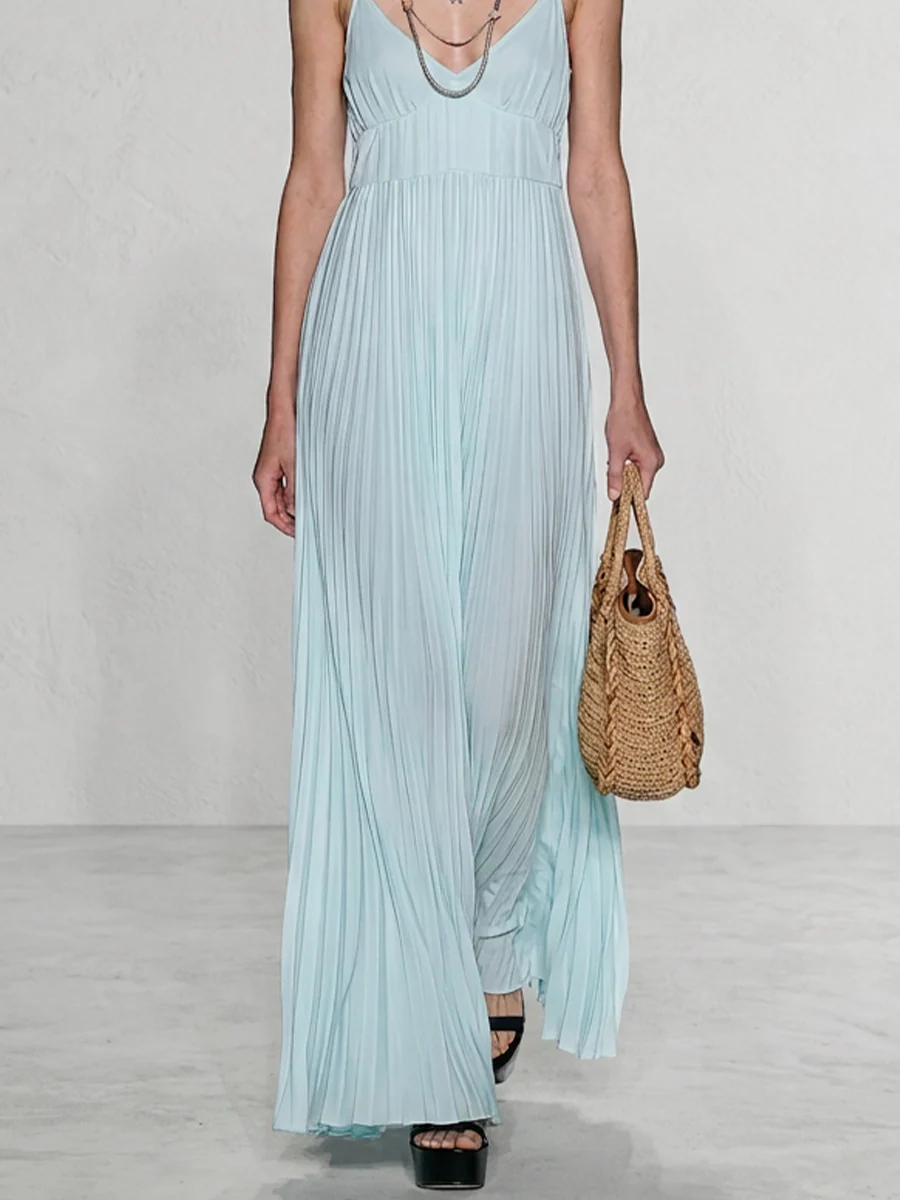 Resort Sleeveless Accordion Pleated A-Line Beach Maxi Dress - Image 3