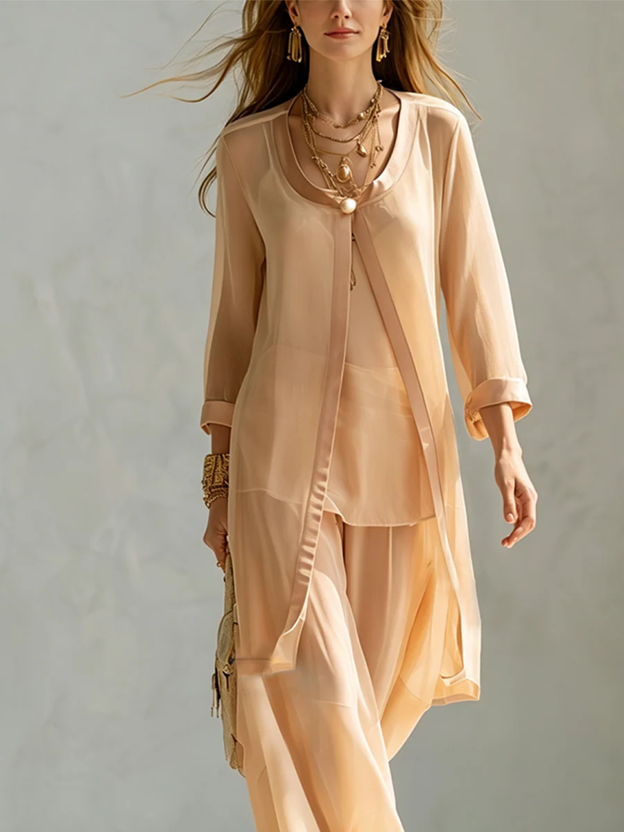 Resort Style Sheer Cover Up Camisole Wide Leg Pants Set - Image 3