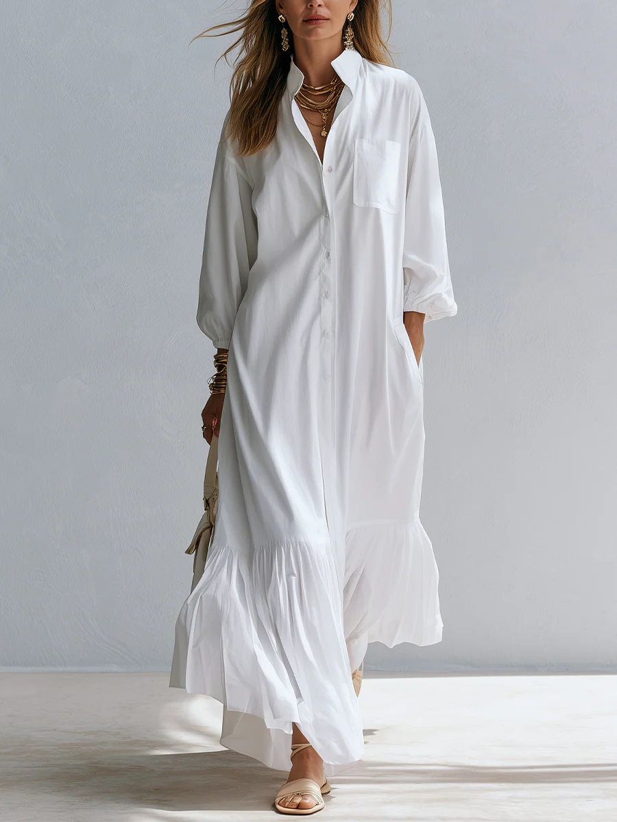 Resort Style White Cotton Ruffled Long Shirt Dress
