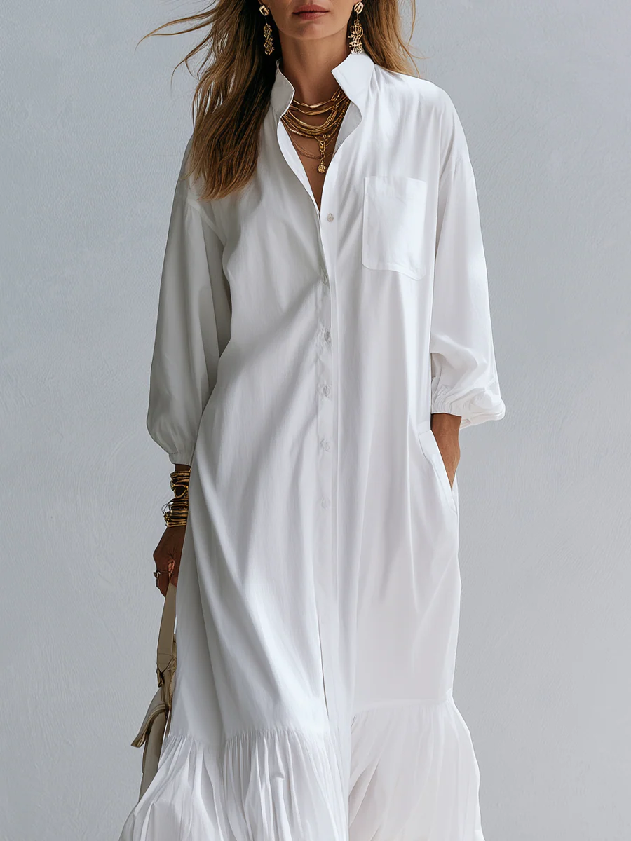 Resort Style White Cotton Ruffled Long Shirt Dress - Image 2