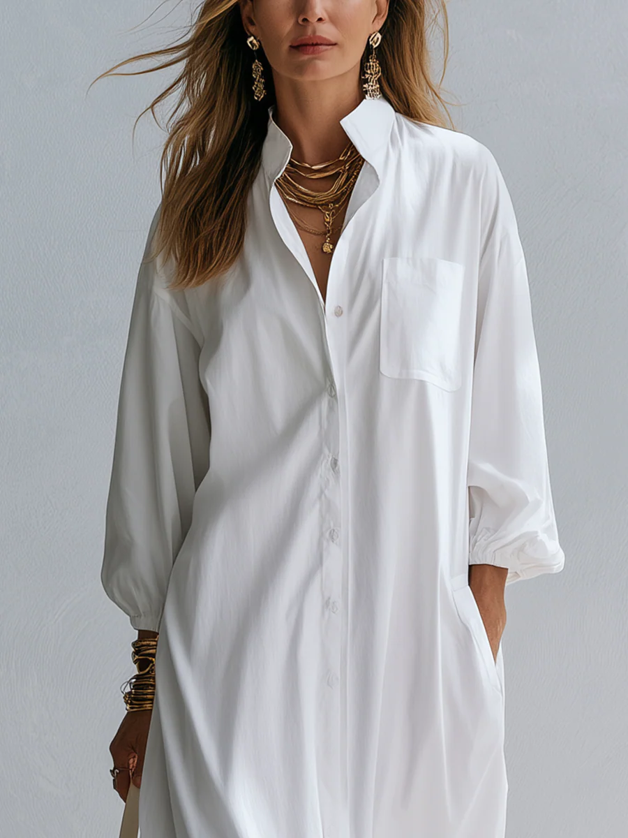 Resort Style White Cotton Ruffled Long Shirt Dress - Image 3