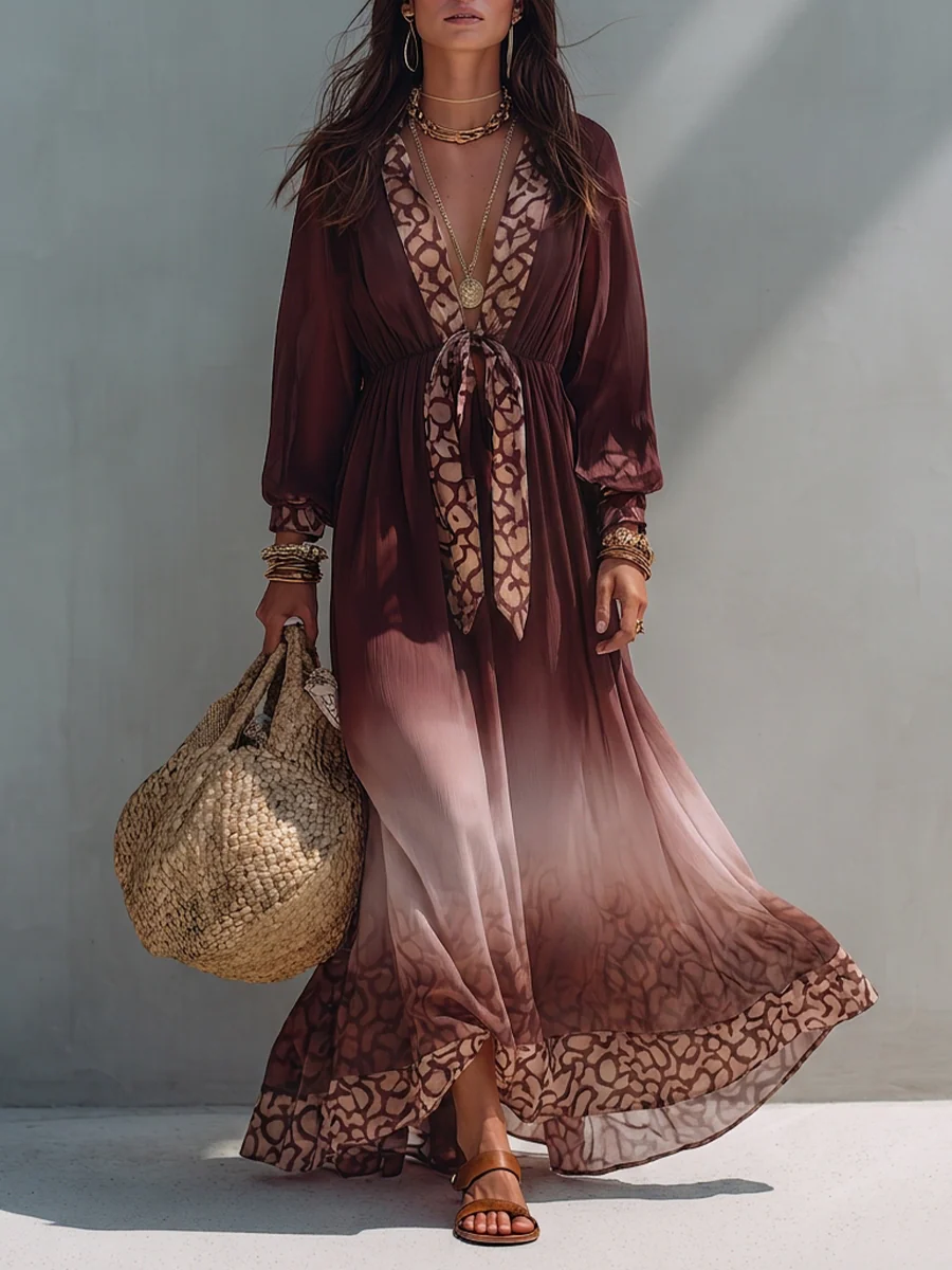 Resort Wine Red Printed Trim Flowy Kaftan Maxi Dress