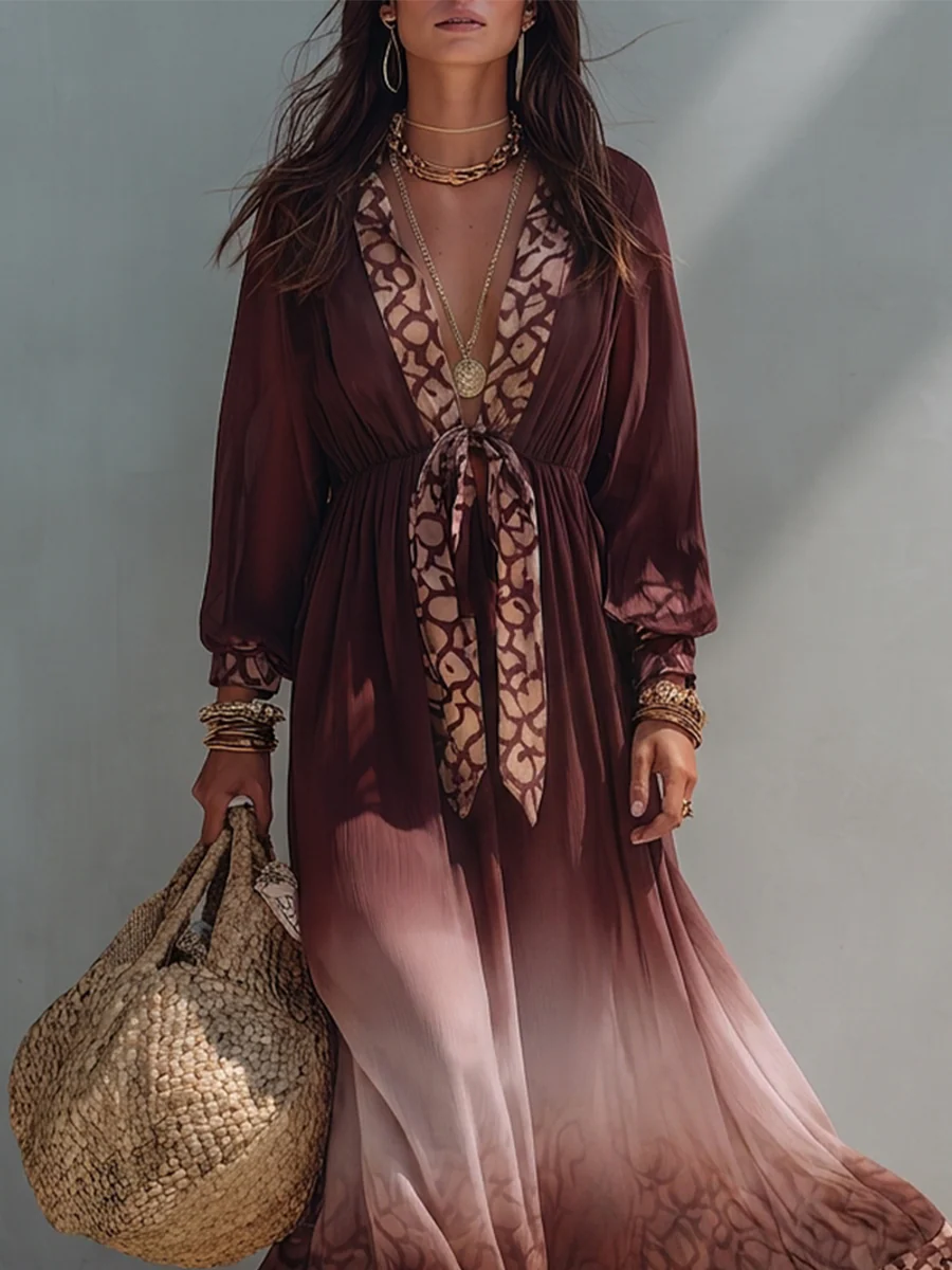 Resort Wine Red Printed Trim Flowy Kaftan Maxi Dress - Image 2