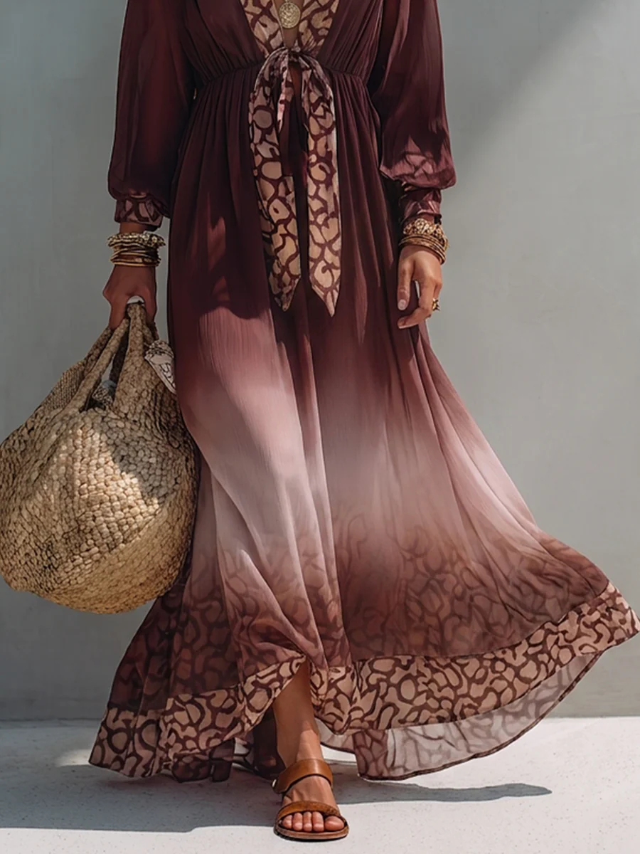 Resort Wine Red Printed Trim Flowy Kaftan Maxi Dress - Image 3