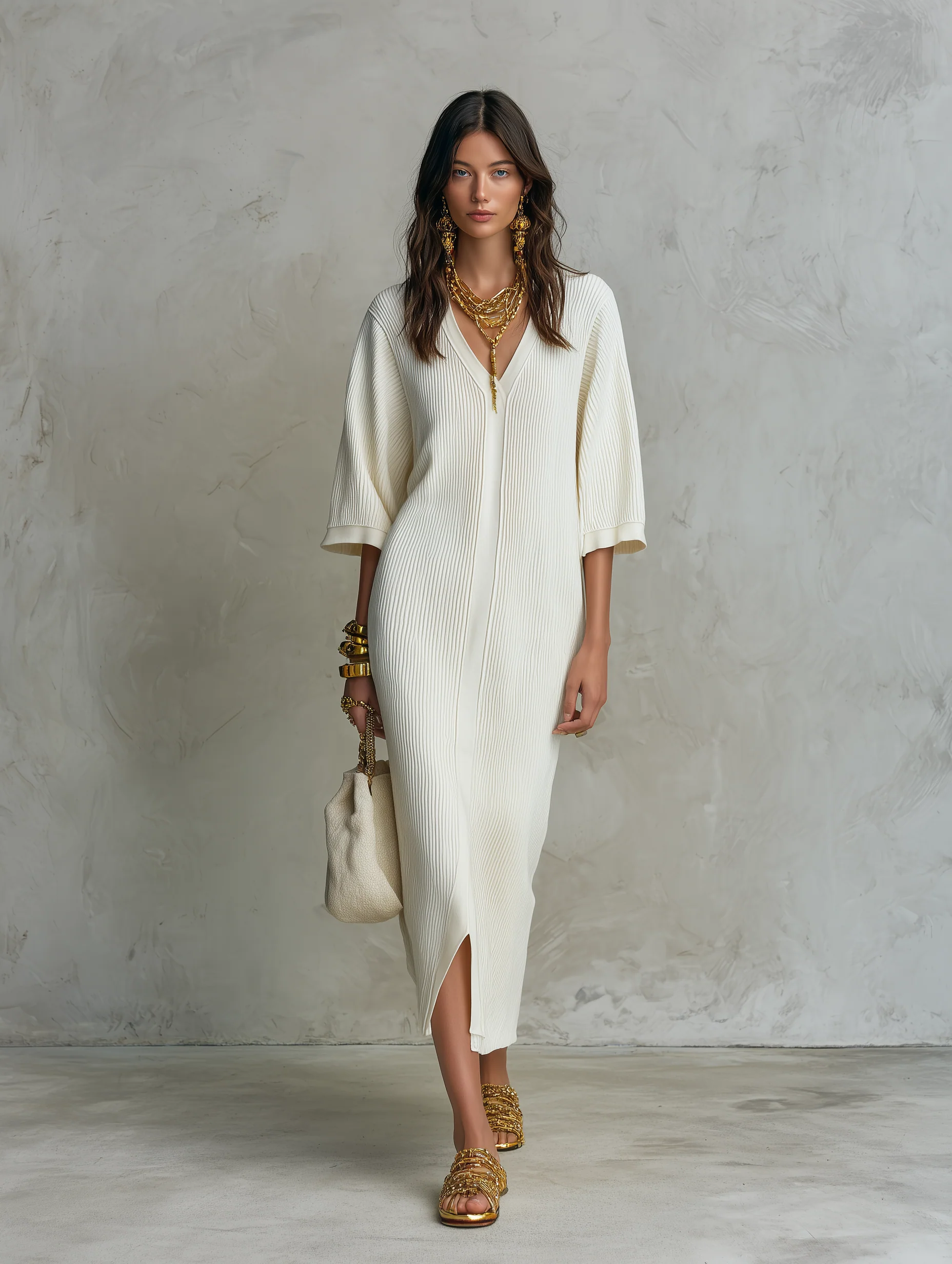 Ribbed Knit V-Neck With Batwing Sleeves Midi Dress - Image 2