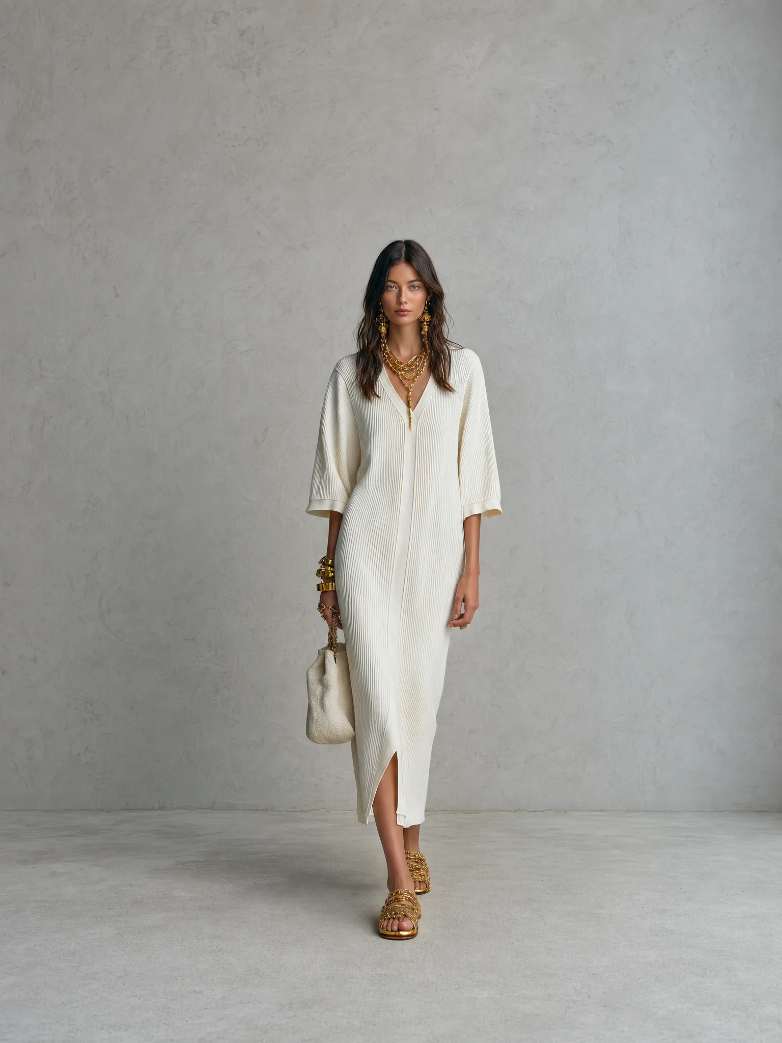 Ribbed Knit V-Neck With Batwing Sleeves Midi Dress - Image 3