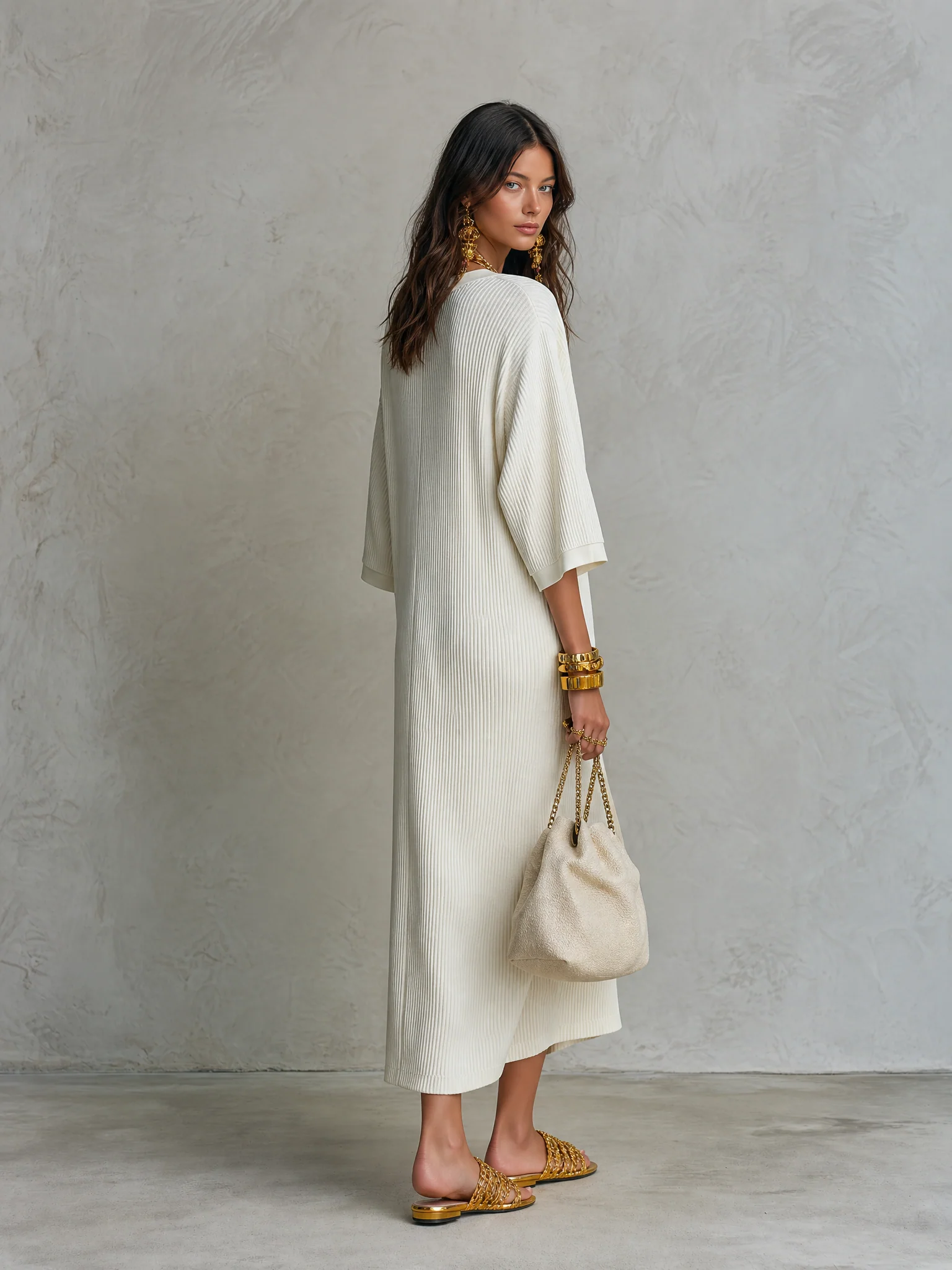 Ribbed Knit V-Neck With Batwing Sleeves Midi Dress - Image 4