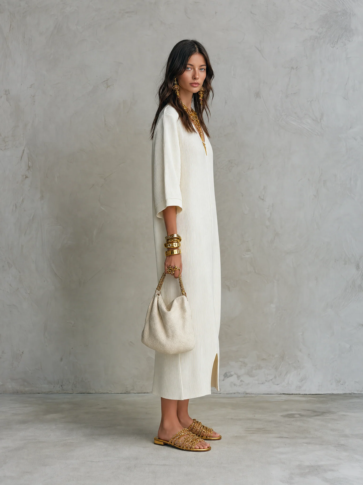 Ribbed Knit V-Neck With Batwing Sleeves Midi Dress - Image 5