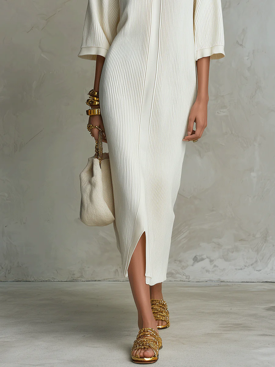 Ribbed Knit V-Neck With Batwing Sleeves Midi Dress - Image 6