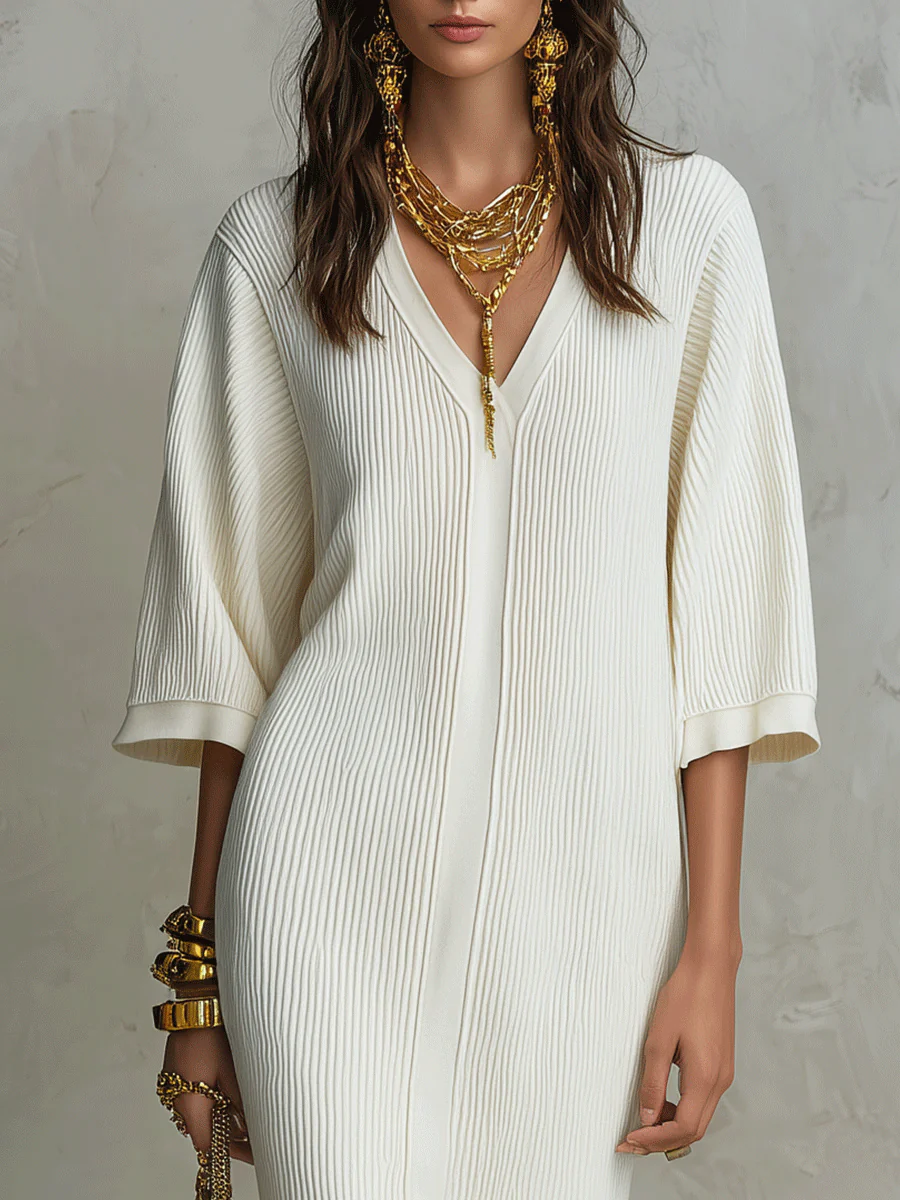 Ribbed Knit V-Neck With Batwing Sleeves Midi Dress - Image 7