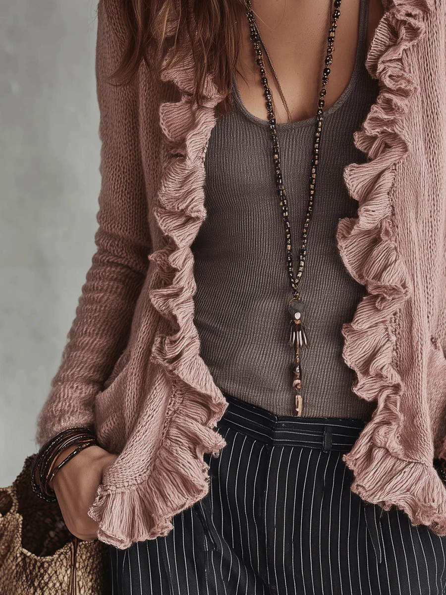 Romance Ruffle Trim Resort Dusty Rose Knit Cardigan - Image 3