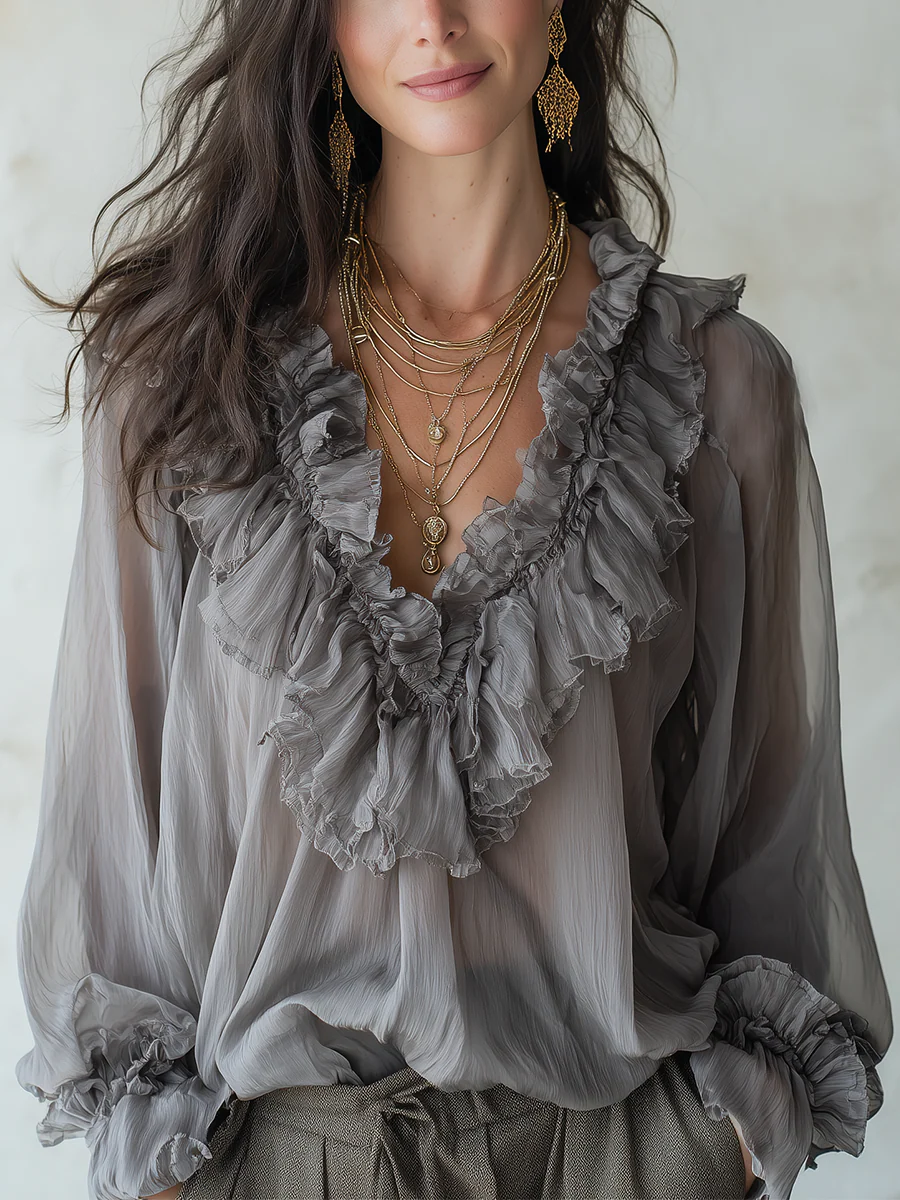 Romantic Ash Gray Cascading Ruffle Blouse