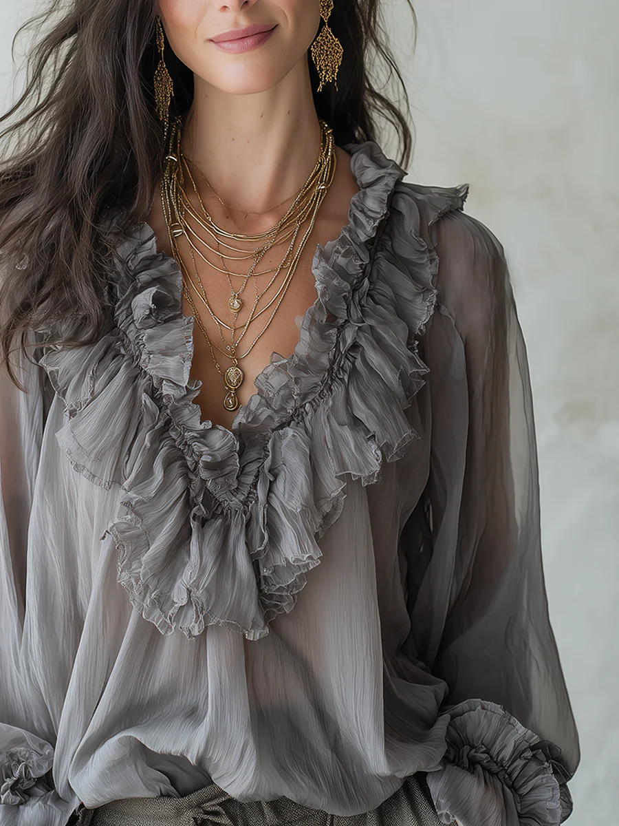 Romantic Ash Gray Cascading Ruffle Blouse - Image 2