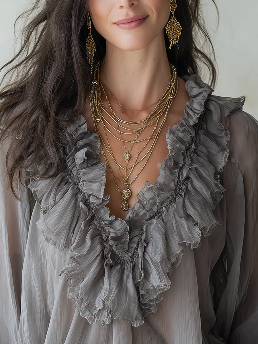 Romantic Ash Gray Cascading Ruffle Blouse - Image 3