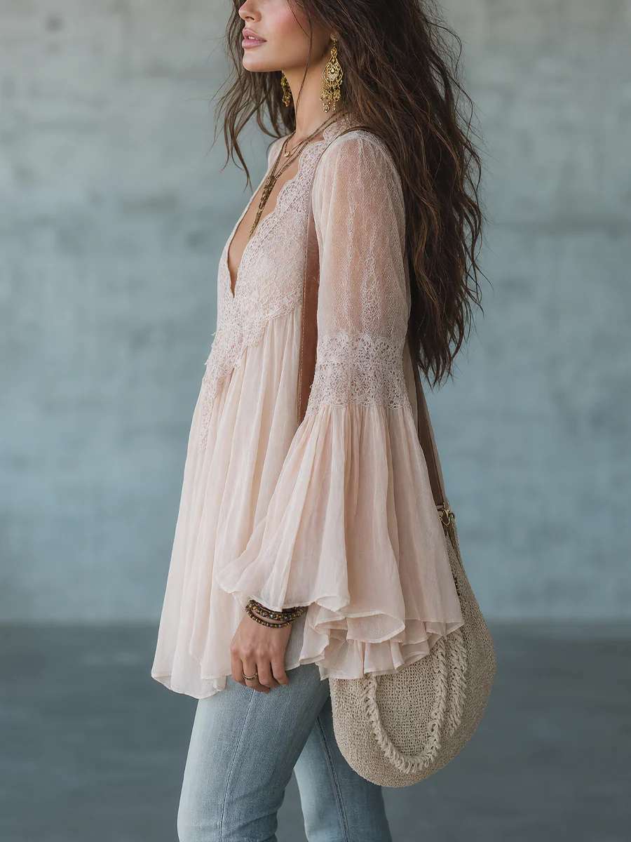 Romantic Blush Lace Chiffon Blouse - Image 2