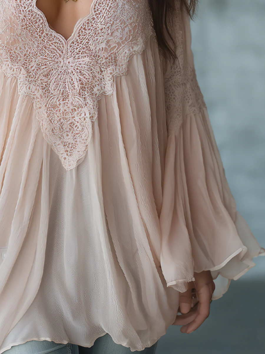 Romantic Blush Lace Chiffon Blouse - Image 6