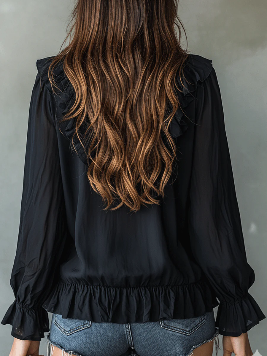 Romantic Bohemian Ruffle Trim V-Neck Lightweight Black Blouse - Image 3