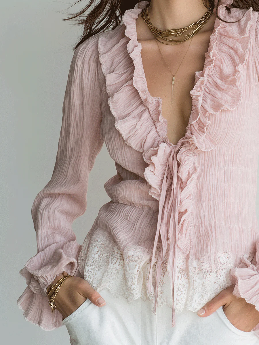 Romantic Boho Chiffon Ruffle Deep-V Lace-Hem Blush Pink Blouse - Image 3