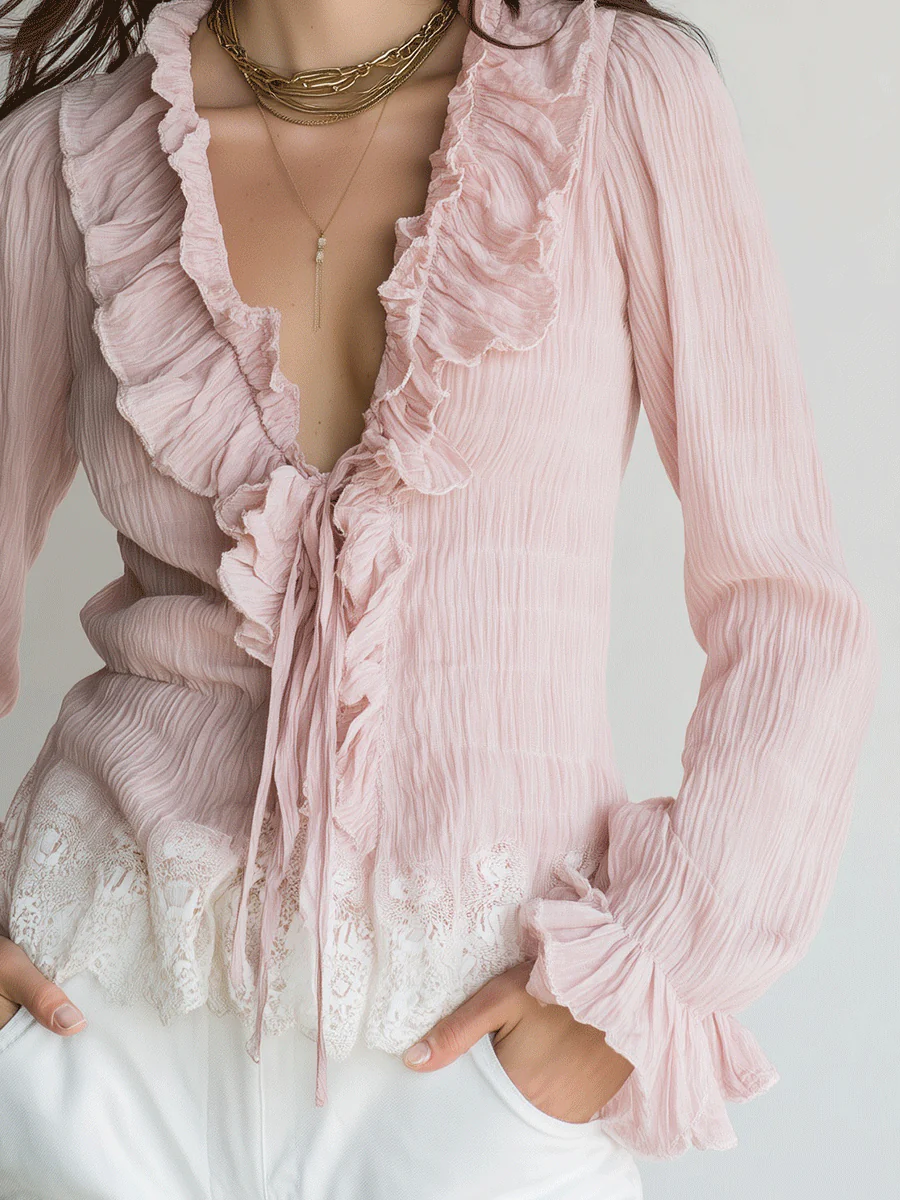 Romantic Boho Chiffon Ruffle Deep-V Lace-Hem Blush Pink Blouse - Image 5