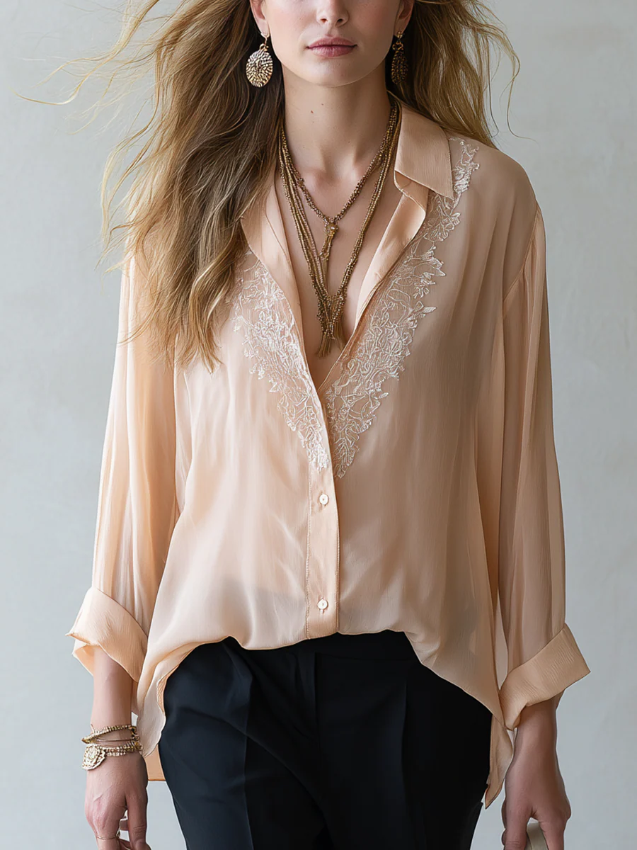 Romantic Champagne Lace Trim V Neck Blouse