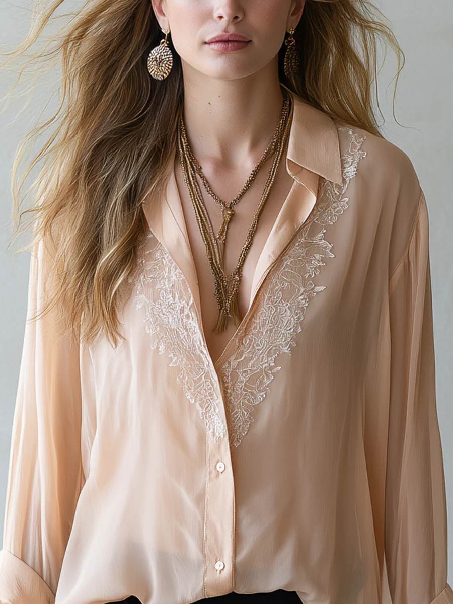 Romantic Champagne Lace Trim V Neck Blouse - Image 2