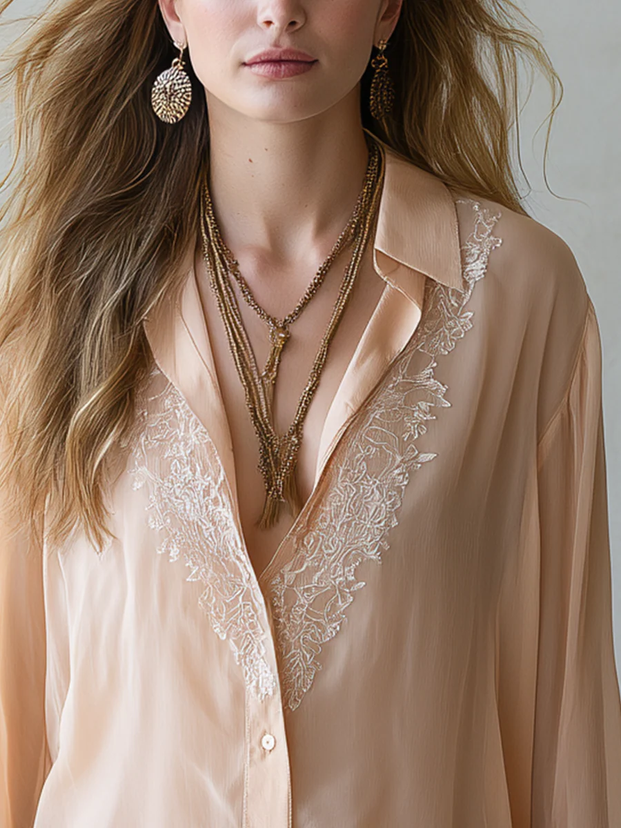 Romantic Champagne Lace Trim V Neck Blouse - Image 3