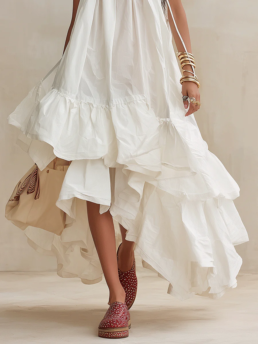 Romantic Coastal Cotton Layered-Ruffle Flowy White Maxi Dress - Image 3