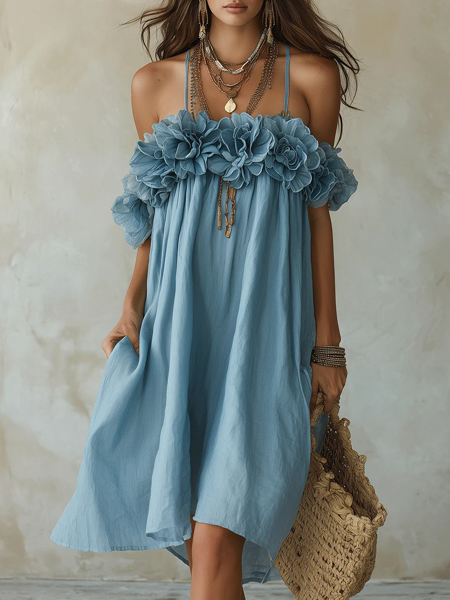 Romantic Coastal Linen Ruffle-Flower Halter Sky Blue Flowy Midi Dress