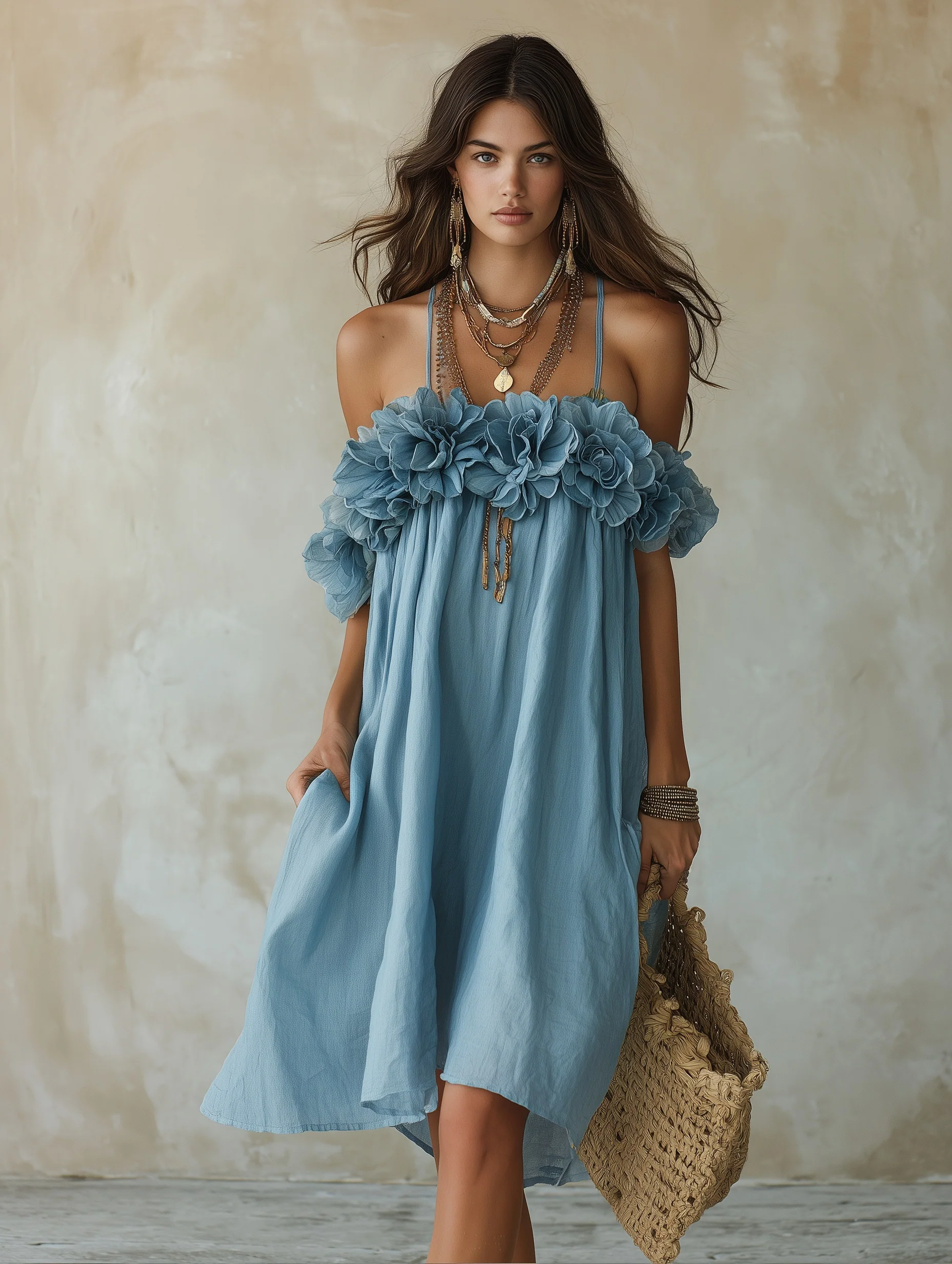 Romantic Coastal Linen Ruffle-Flower Halter Sky Blue Flowy Midi Dress - Image 2