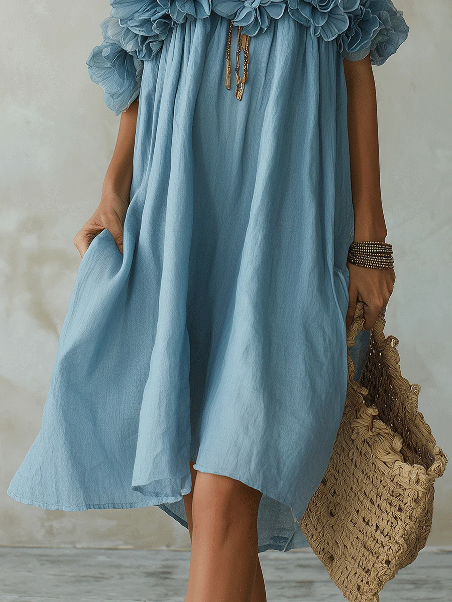 Romantic Coastal Linen Ruffle-Flower Halter Sky Blue Flowy Midi Dress - Image 3