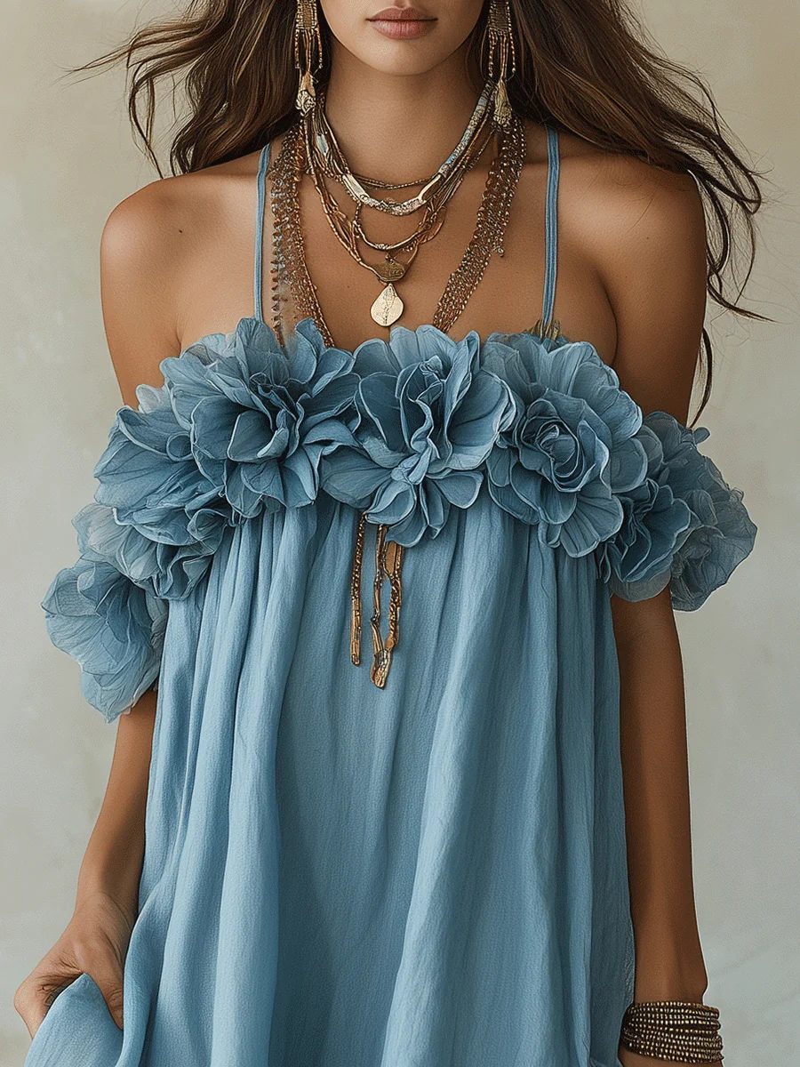 Romantic Coastal Linen Ruffle-Flower Halter Sky Blue Flowy Midi Dress - Image 4