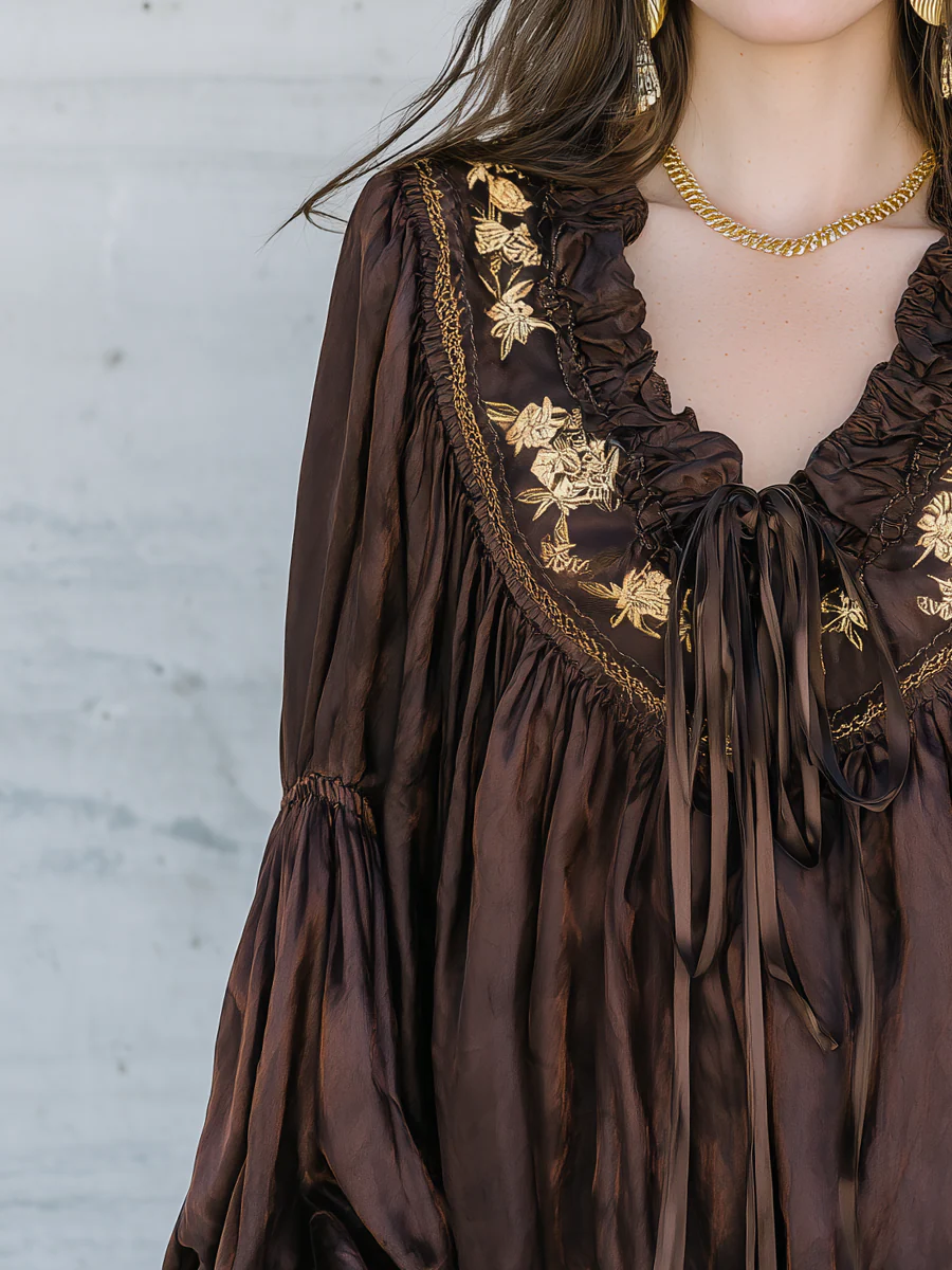 Romantic Dark Brown Embroidered Ruffle Blouse - Image 2