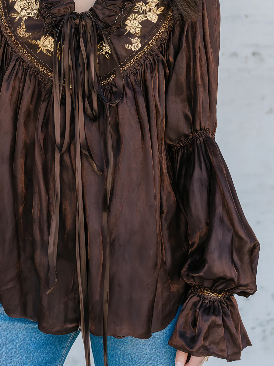 Romantic Dark Brown Embroidered Ruffle Blouse - Image 3