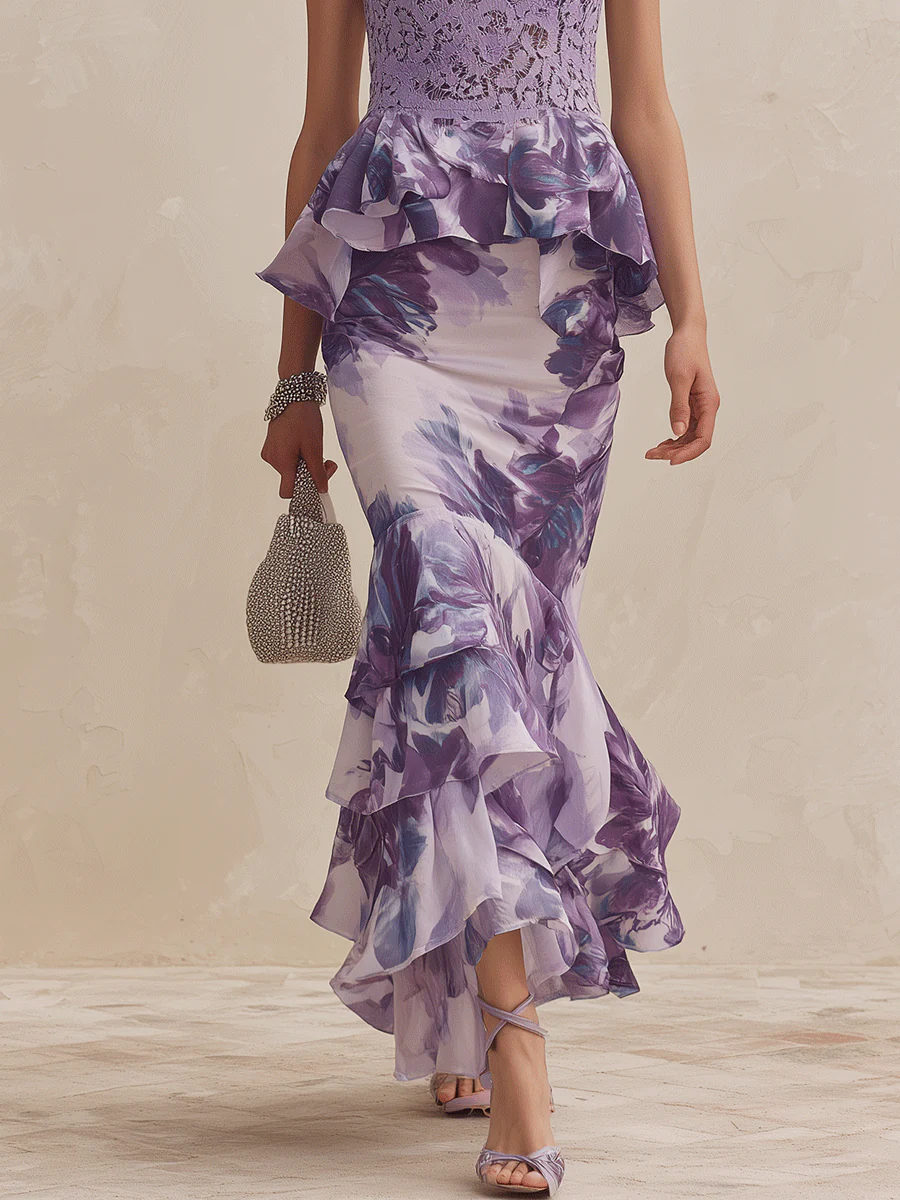 Romantic Elegant Lace-Bodice Floral Ruffle Mermaid Lavender Top And Skirt Set - Image 3