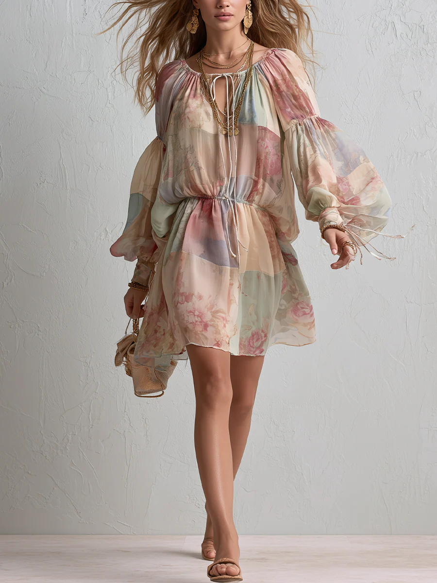 Romantic Floral Waist Puff Sleeve Chiffon Mini Dress