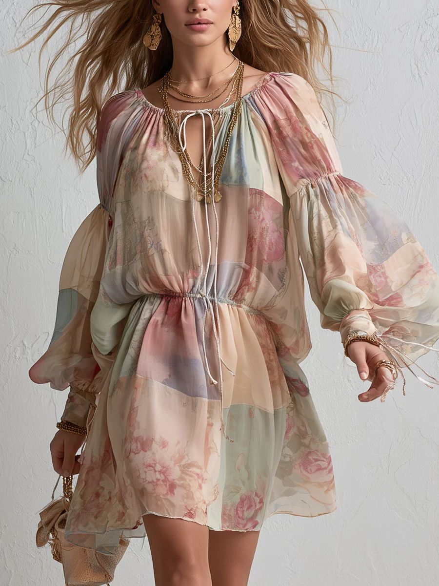 Romantic Floral Waist Puff Sleeve Chiffon Mini Dress - Image 2