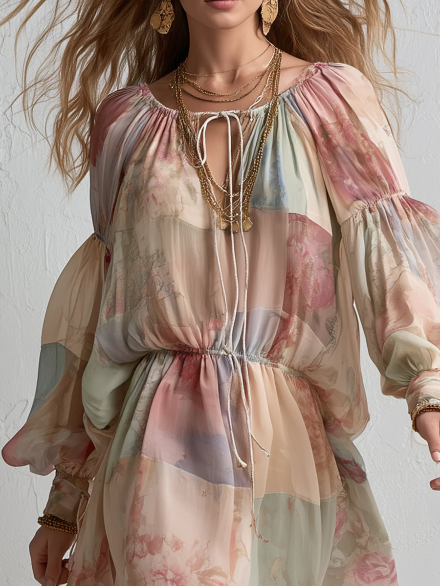 Romantic Floral Waist Puff Sleeve Chiffon Mini Dress - Image 3