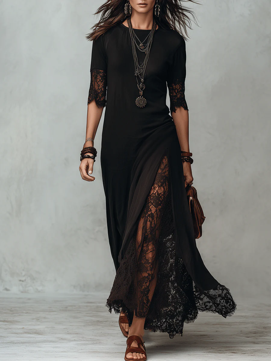 Romantic Gothic Sheer Lace Half-Sleeve Black Maxi Dress