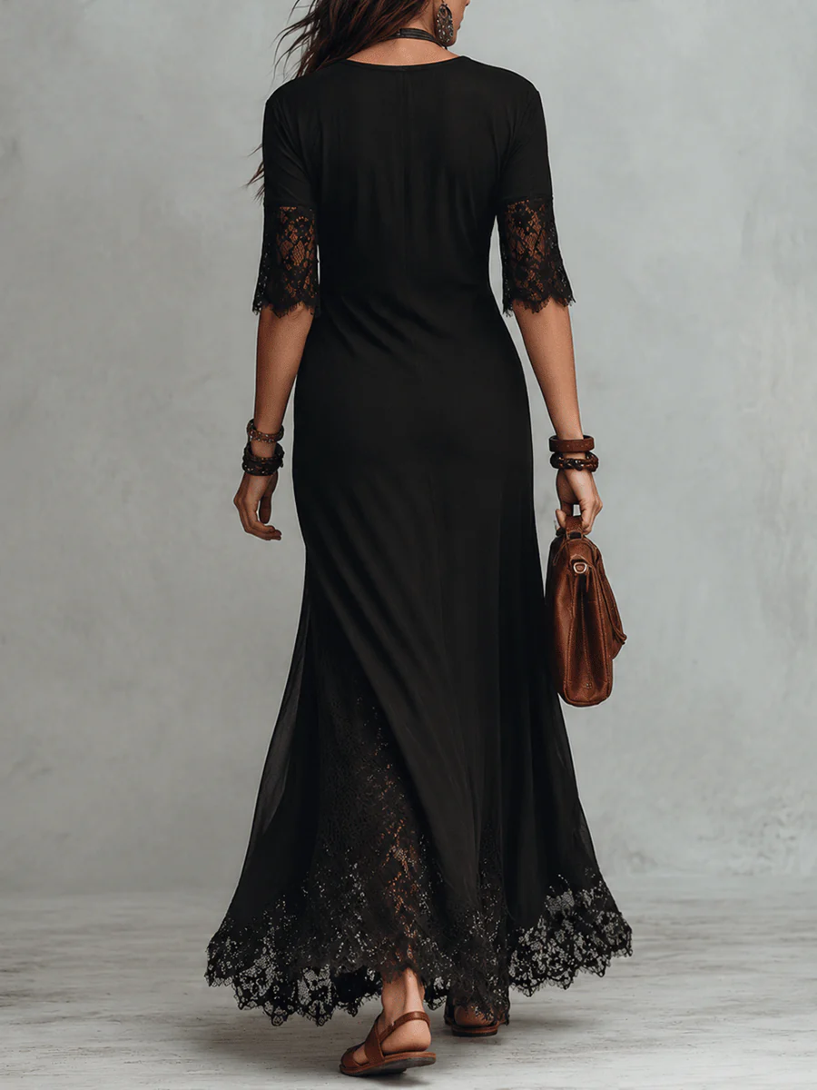 Romantic Gothic Sheer Lace Half-Sleeve Black Maxi Dress - Image 2