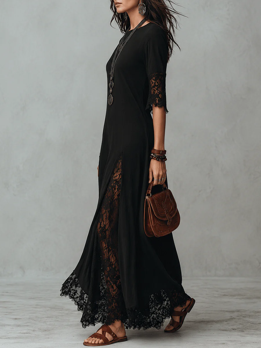 Romantic Gothic Sheer Lace Half-Sleeve Black Maxi Dress - Image 3