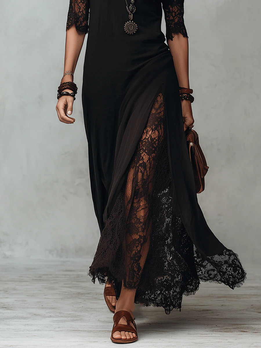 Romantic Gothic Sheer Lace Half-Sleeve Black Maxi Dress - Image 5