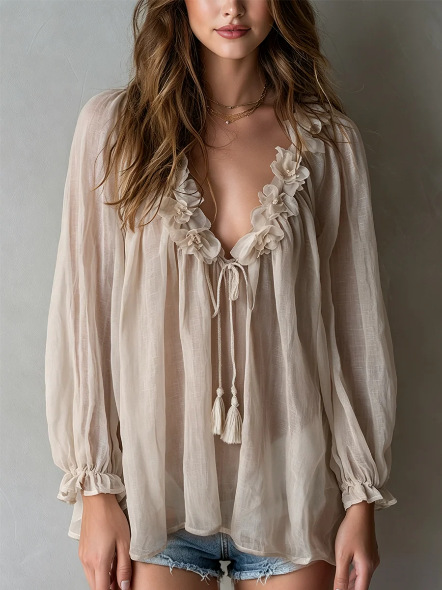 Romantic Gray-apricot Floral Trim Shirt