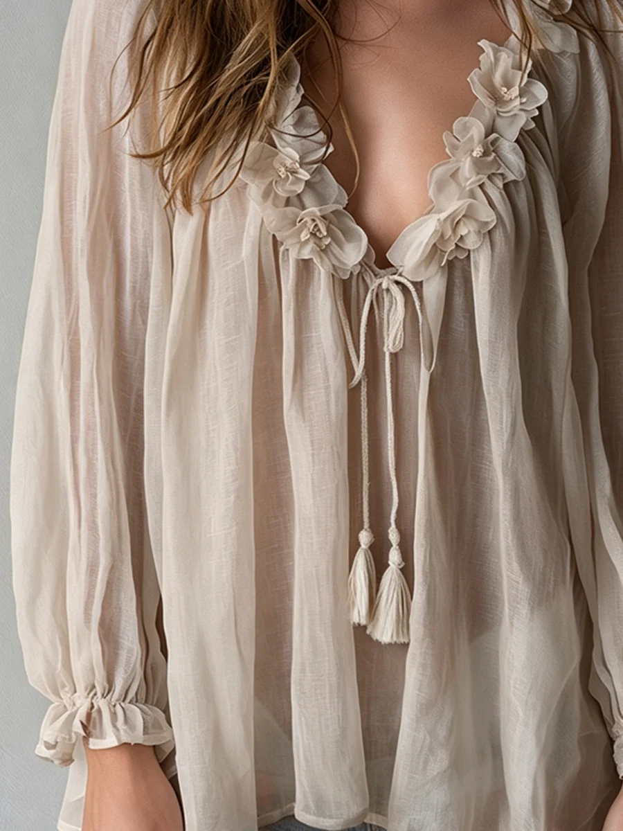 Romantic Gray-apricot Floral Trim Shirt - Image 3