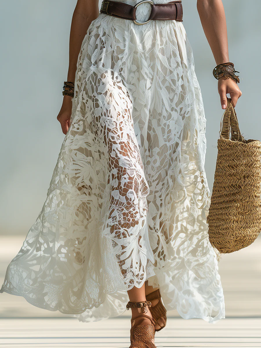 Romantic Ivory Lace Sleeveless Midi Dress - Image 3