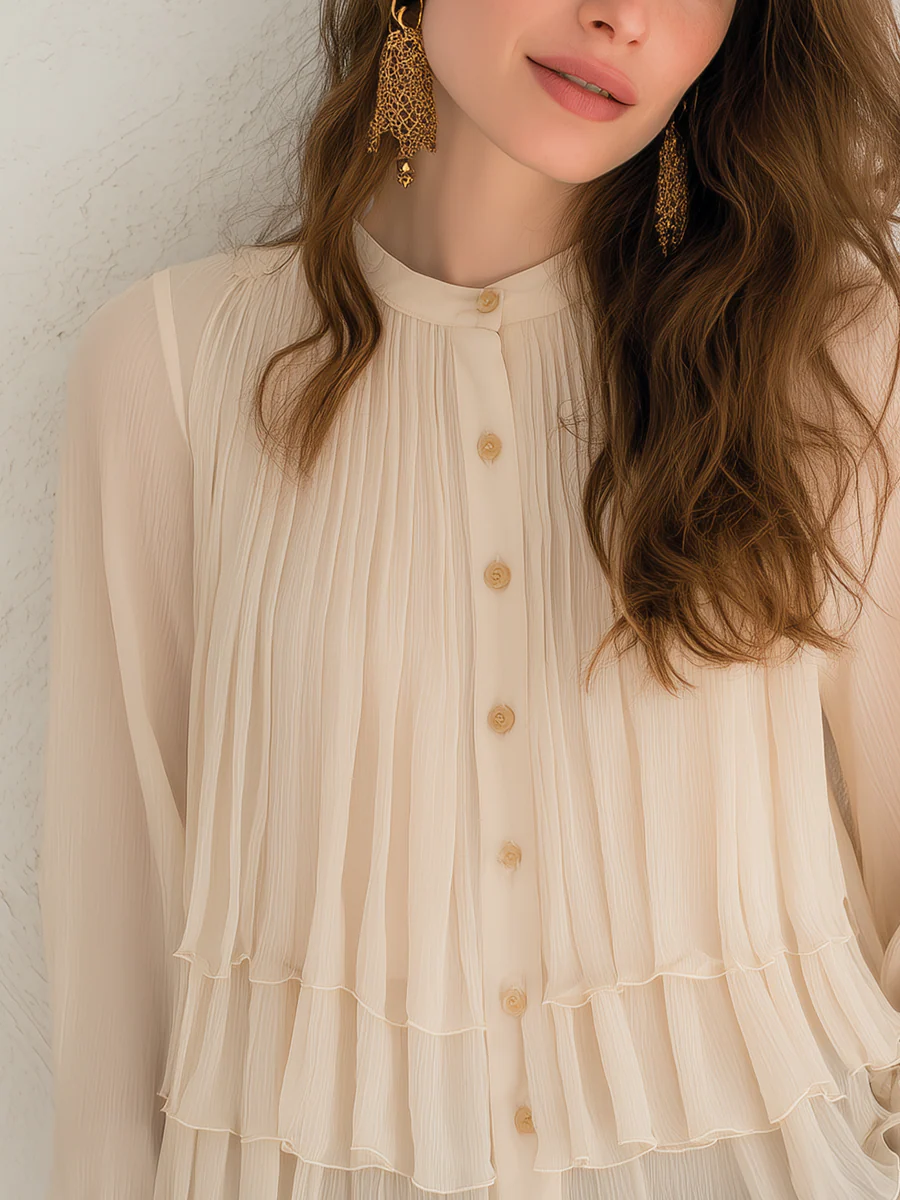 Romantic Ivory Pleated Tiered Blouse - Image 2