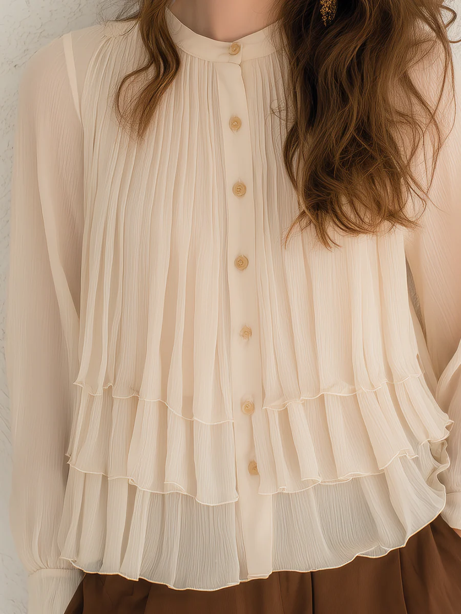 Romantic Ivory Pleated Tiered Blouse - Image 3