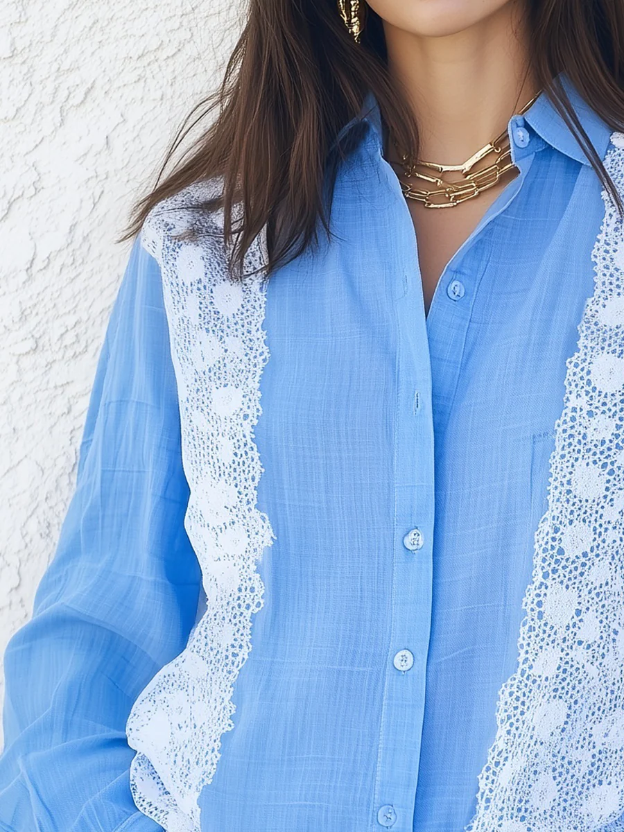 Romantic Lace Panel Button Front Blouse - Image 2