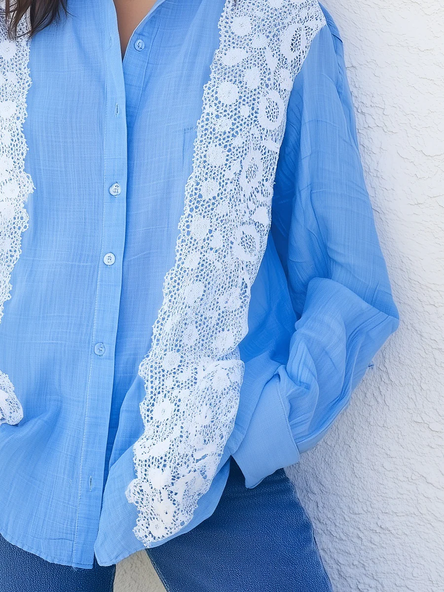 Romantic Lace Panel Button Front Blouse - Image 3