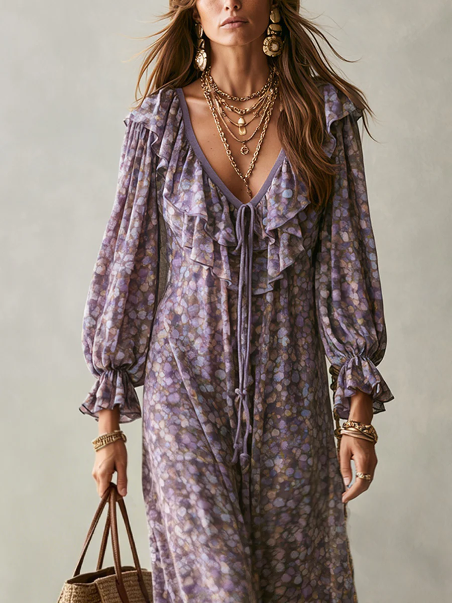 Romantic Lavender Ruffle Tie-Front Maxi Dress - Image 2